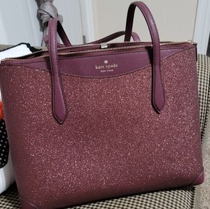 Kate Spade Joeley Shimmy Glitter Top Zip Tote Shoulder Bag Deep Nova Burgundy